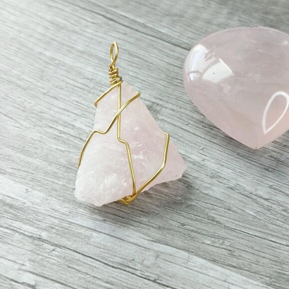 Raw Rose Quartz Crystal Gemstone Pendant Wire Wrapped 2" - Picture 1 of 4